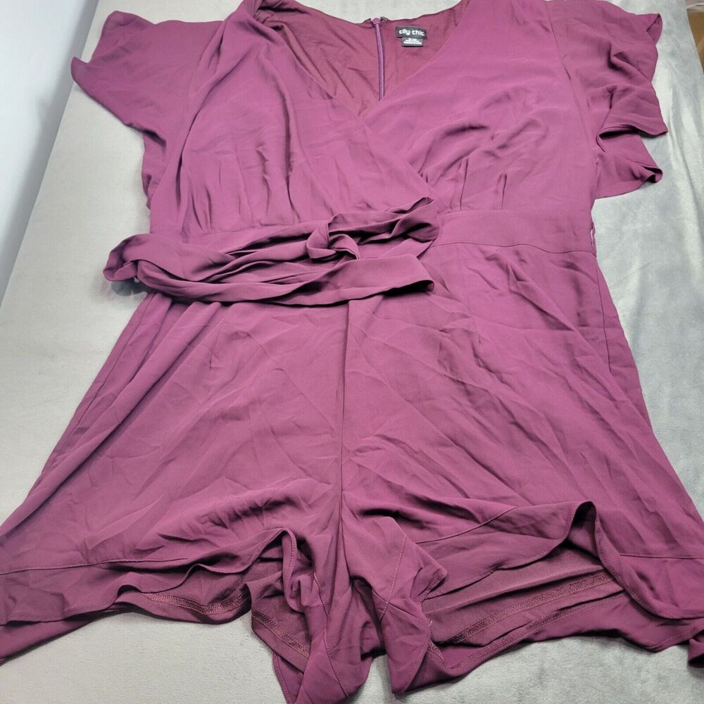 City Chic Plum Short Sleeve Wrap Romper With Tie Waist XL 22 Polyester Womens Fa